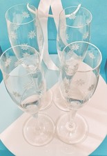 Tiffany & Co Crystal Glass Daisy Flower Print Champagne Flutes Set Of 4