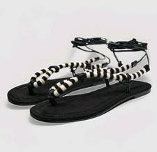 Zara sandalo piatto alla caviglia stringato nero/bianco gladiatore boho taglia 8,5 US 39 EU