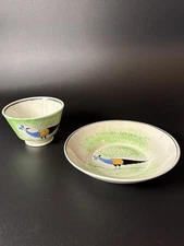 19th Century Staffordshire Green Pea Fowl Spongeware - Tea Cup And Saucer Set