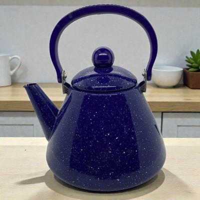 Blue Speckled Enamel Tea Kettle Vintage 7'' High x 8'' Base Metal Handle Camping