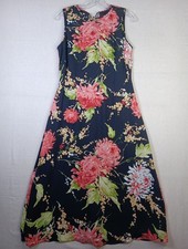 Talbot's Petites Silk Floral Midi Dress Size 10 Black Pink Green Sleeveless EUC