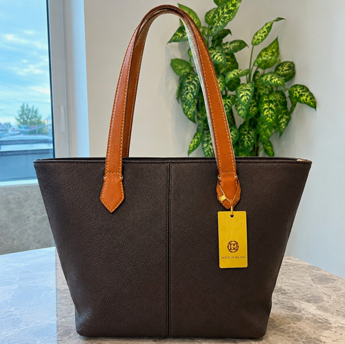 House of Milano Brown Pebbled Leather Tote, Tan Handles, Snap, Lined Pockets
