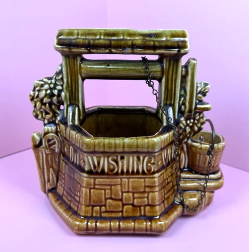 Vintage McCoy Pottery 1950's Wishing Well Planter w/Chain Green Brown Glaze USA