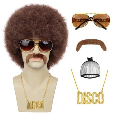 Brown Afro Wigs for Men 70s Rocker Disco Party 5pcs Set Wig+ Glasses+ Disco N...