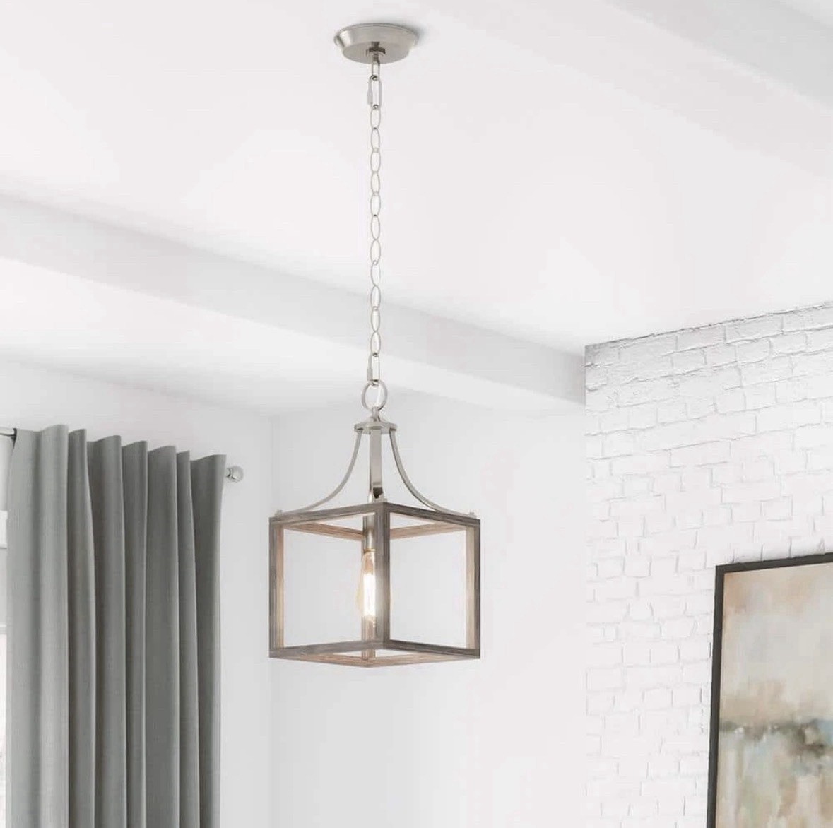 Boswell Quarter 1-Light Brushed Nickel Mini-Pendant with Weathered Wood Accents