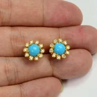 1.20Ct Round Turquoise & Diamond Halo Bezel Earrings In 14K Yellow Gold Plated