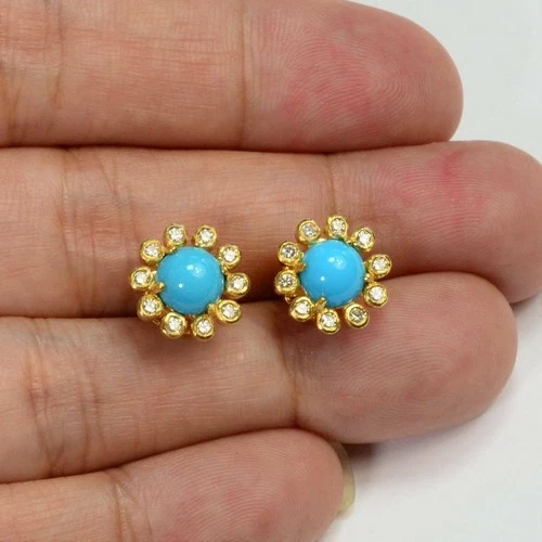 1.20Ct Round Turquoise & Diamond Halo Bezel Earrings In 14K Yellow Gold Plated