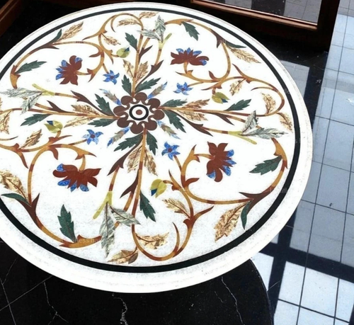 30" Round Marble Table with Floral Inlay – Handmade Pietradura floral Art - Picture 3 of 11
