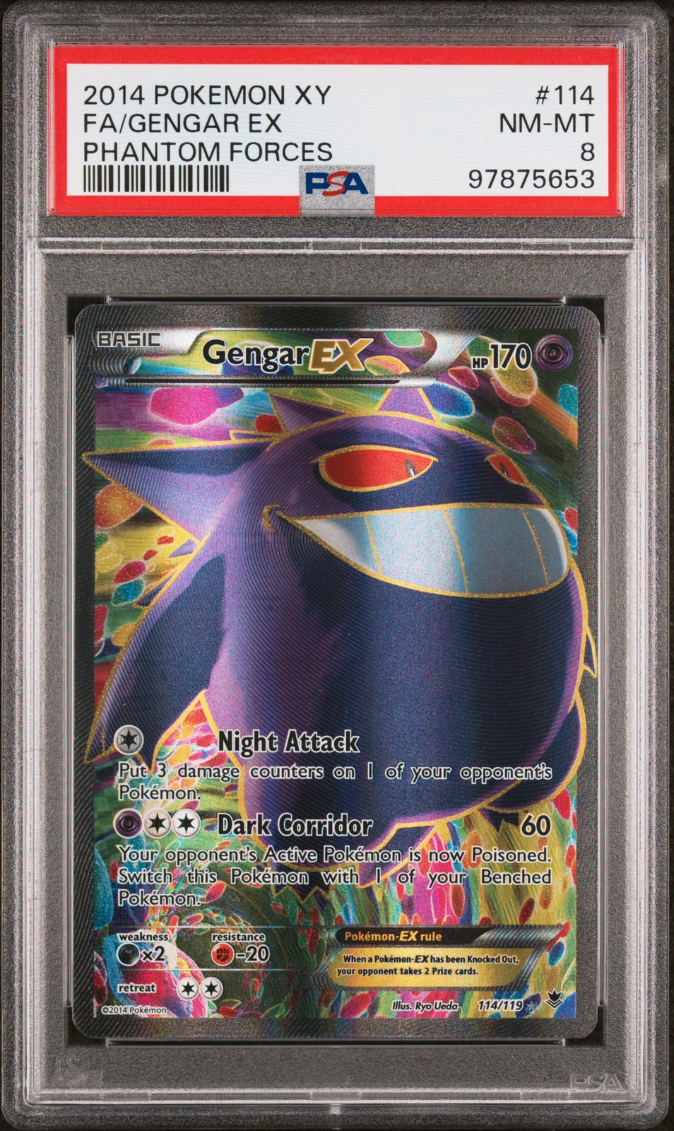2014 POKEMON XY PHANTOM FORCES #114 FULL ART/GENGAR EX PSA 8