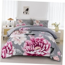 Bed Comforter Set Size 3 Pieces Pink Flowers Printed Bedding Set Full Grey
