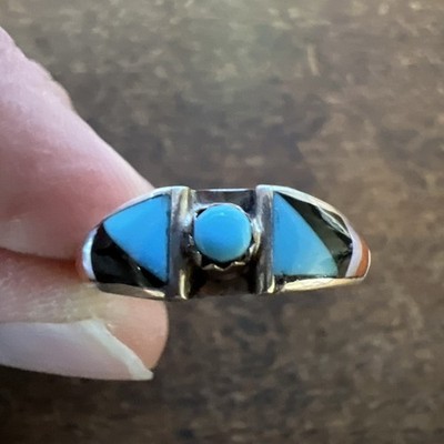 Native American Zuni Womens Turquoise Inlay Ring Snake Eye Size 8 Wow Navajo #C