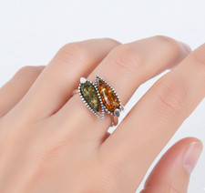 Multi Baltischer Bernstein 925 Sterling Silber Grün & Cognac Bernstein Wickel Stil Ring