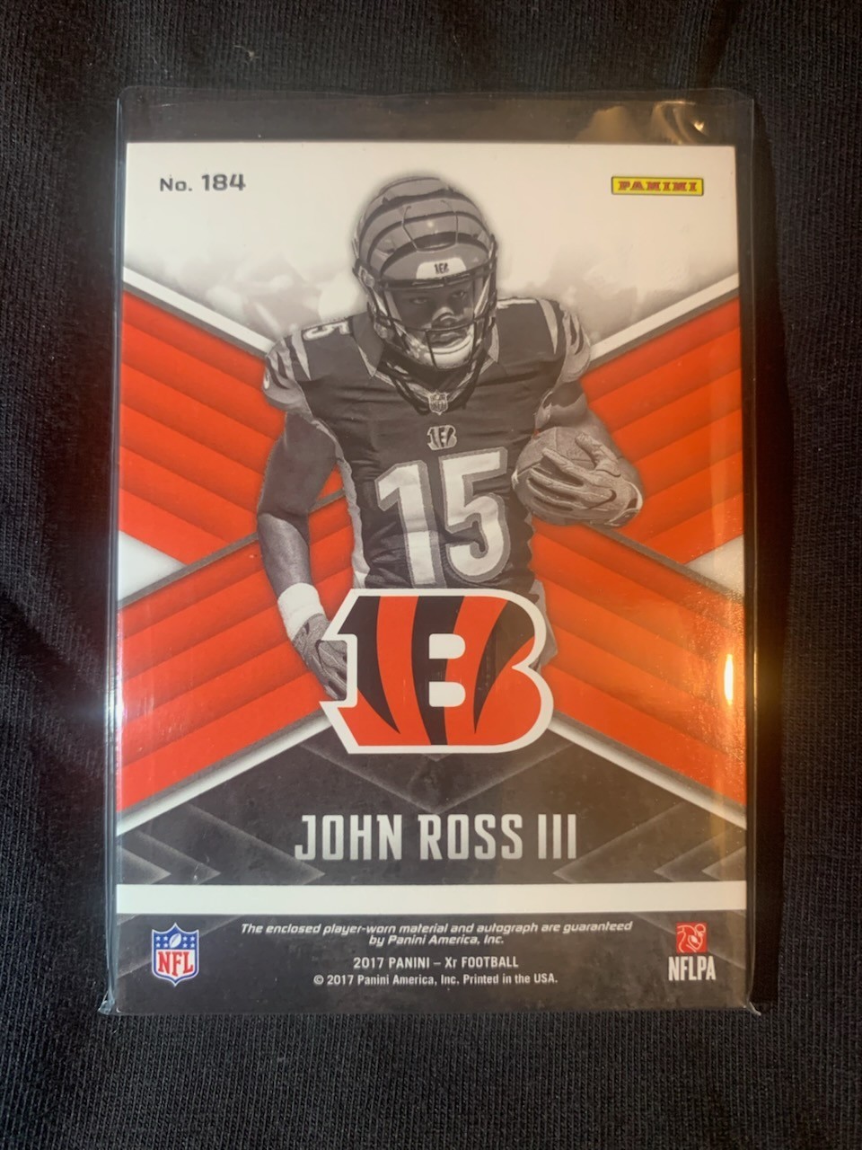 Panini 2017 XR John Ross III Rookie Triple Swatch Auto 1/1 NFL LOGO/Tag Patch view 2