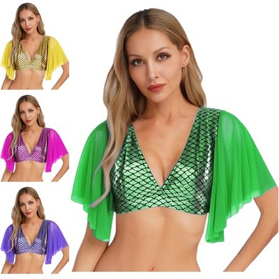Damen Mermaid Fishscale Print Crop Top Kurzarm T-Shirt für Themenparty Halloween