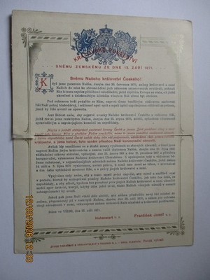 Unbespielte Tschechische Postkarte datiert 1871 mit königlicher Proklamation.