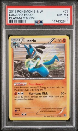 2013 POKEMON BLACK & WHITE PLASMA STORM #78 LUCARIO-HOLO PSA 8