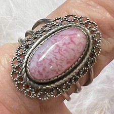 VINTAGE ART DECO PINK GLASS STERLING SILVER 0.925 ADJUSTABLE BAND RING SIZE 6.5