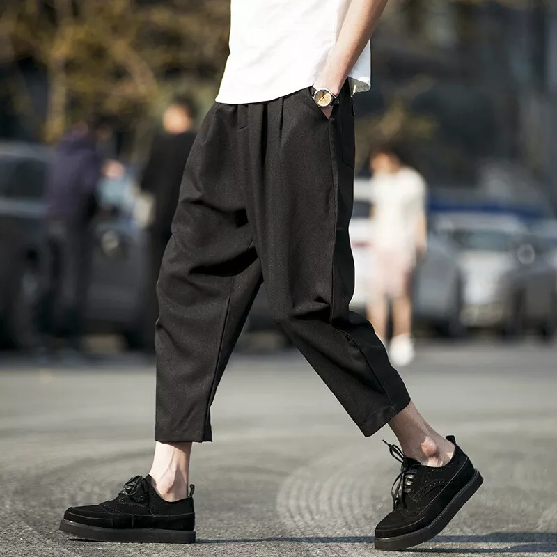 Mens Loose 3/4 Length Shorts Harem Cropped Pants Fit Linen Trousers Casual