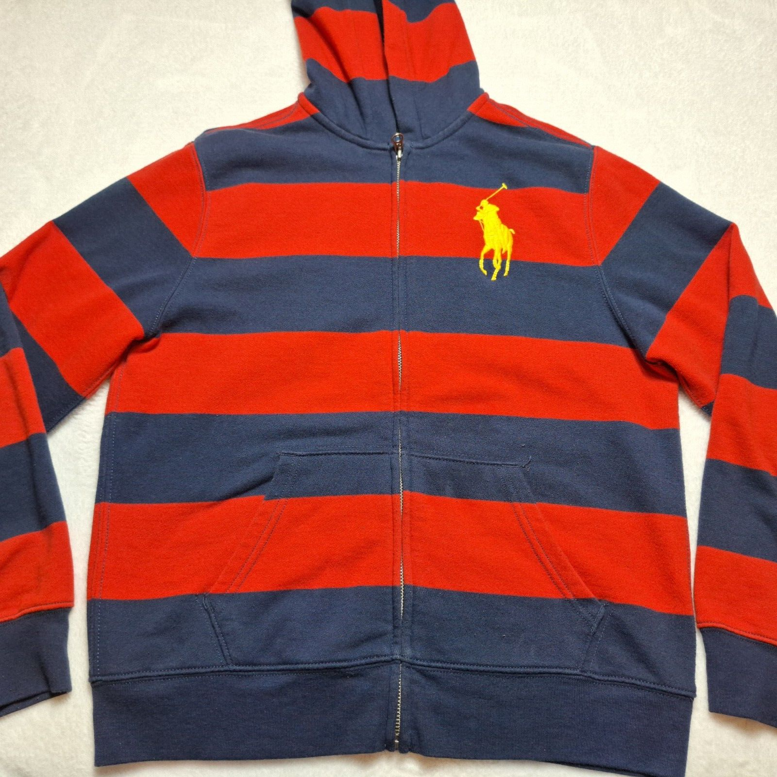 Felpa con cappuccio e zip POLO Ralph Lauren Youth taglia 14 16 rossa blu a righe big pony