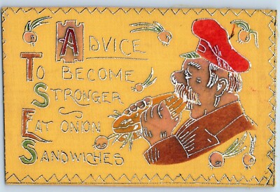 Sewn Novelty Thread Postcard Man Eating Onion Sandwich Advice c1905 Antique