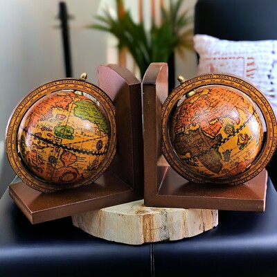 Vintage Wooden Globe Bookends Spinning Axis Dragons Ships & Poseidon Made Italy