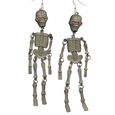 Retro GRAY GOOGLY SKELETON Funky EARRINGS Goth Halloween Costume Novelty Jewelry