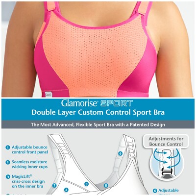 Glamorise SPORT Bra 2-Layers Wire-Free LOW-HIGH IMPACT SUPPORT Pink & Orange NEW