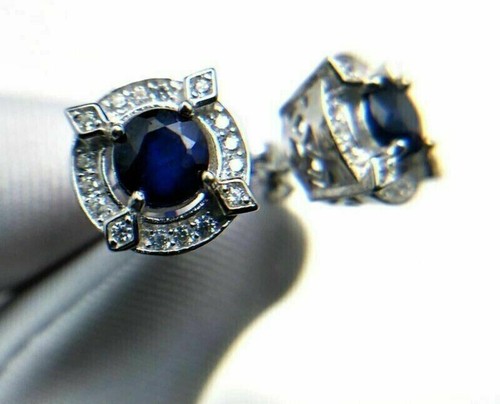 Art Deco Round Cut Sapphire Lab Created Diamond Stud Wedding Earrings 925 Silver - Picture 4 of 7