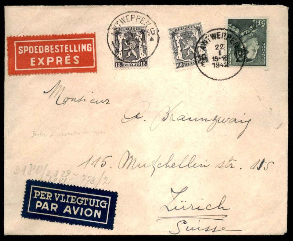 Belgium Antwerpen Zurich Cover Nazi Reich Wehrmacht Censor Express