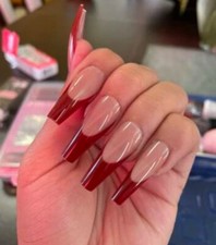 24 Press on nails Kit w Glue French red nude long coffin