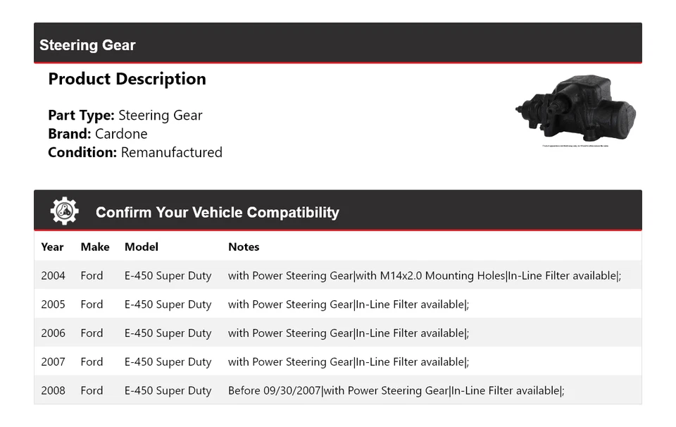 Para Ford E-450 Super Duty 2004-2008 engranaje de dirección Cardone 2005 2006 2007 Foto 2 de 4