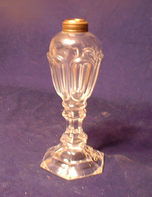 Antique Boston Sandwich Flint Pressed Loop Leaf Oil Lamp with Hexagonal Base