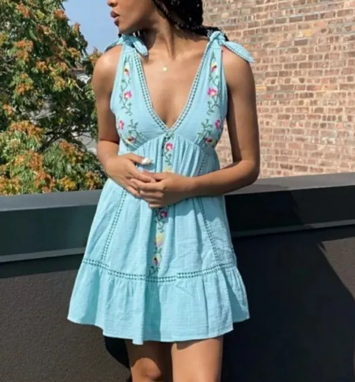 blue embroidered dress