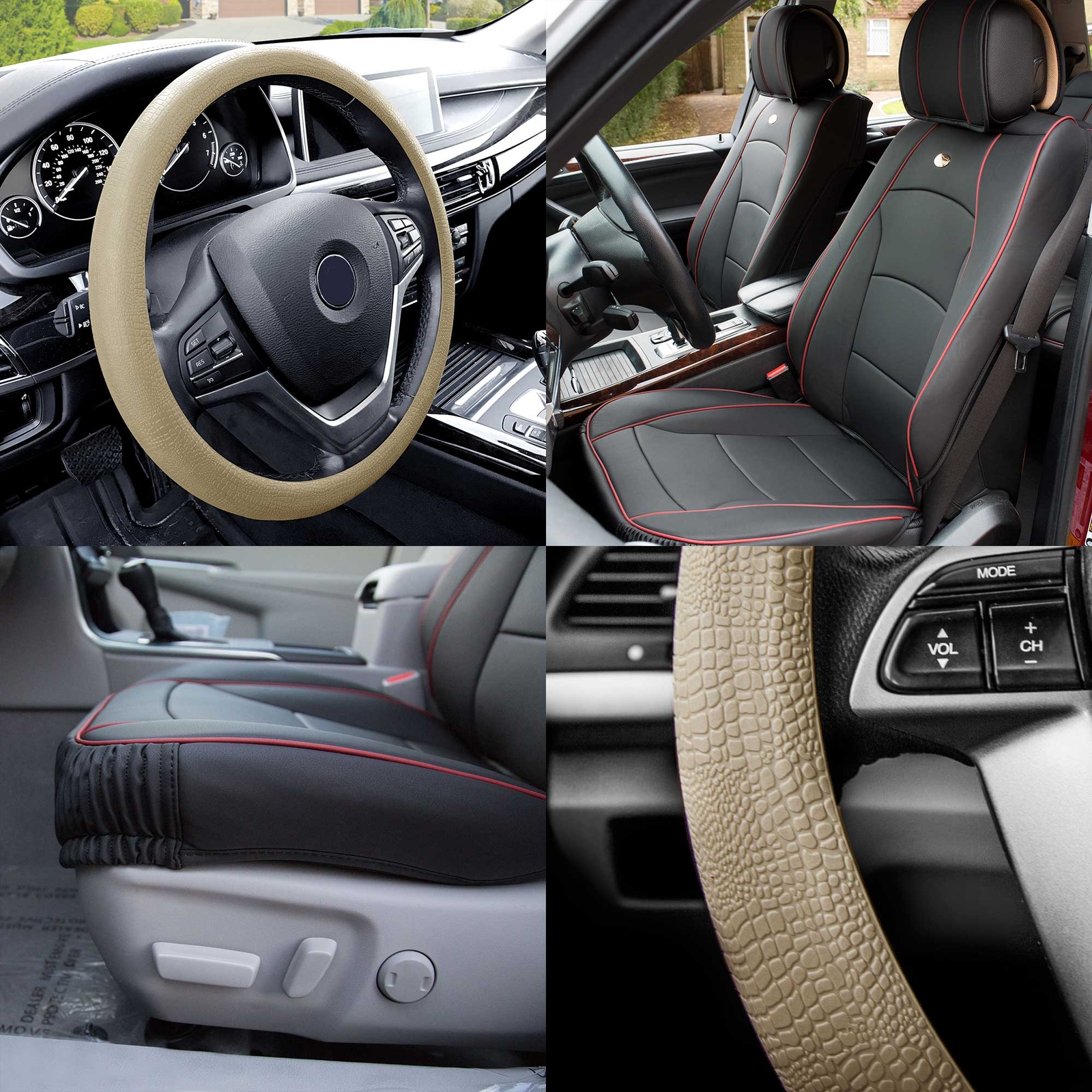 Car Seat Cover Leatherette Buckets Black w/ Beige Steering Cover For Sedan-image