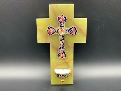 French Holy Water Font Champlevé Enamelled Bronze & Onyx Religious Crucifix 19C.