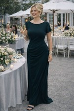 BHLDN Anthropologie Emerald Green Crepe Maxi Dress Short Sleeve Gown Size 12 NWT