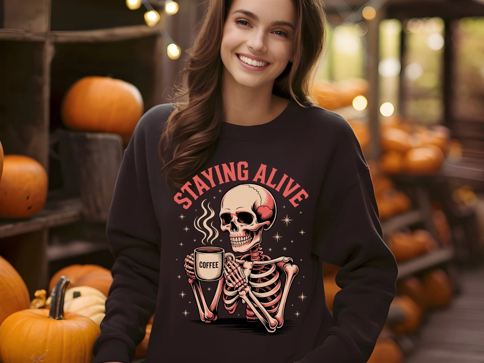 Staying Alive Skeleton Sweatshirt Funny Spooky Season Halloween Crewneck