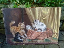 Tableau Gouache sur toile CHATS Chatons Chien jouant 1898 Danielle de P...55X38c