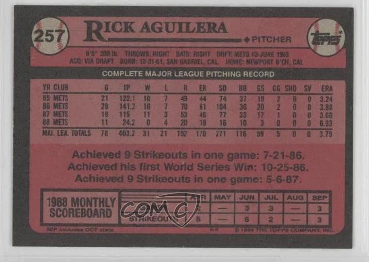 2017 Topps Rediscover Topps Buybacks Gold Rick Aguilera #1989-257 - Image 2 of 2