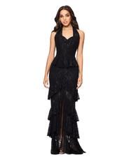 Betsy  Adam Womens Ruffle Tiered Lace Gown Size 6 Black