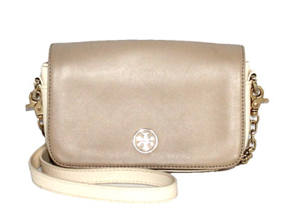 TORY BURCH Robinson Colorblock Chain Crossbody Clutch Mid Camel & Ivory Leather