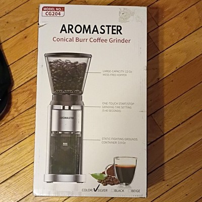 Aromaster CG204 Silver Burr Coffee Grinder, 12oz, 48 Grind Settings, One-Touch