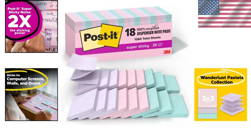Vibrant 100% Recycled Paper Super Sticky Notes - 18 Pads 3" x 3" in Pastels - Image 2 of 4