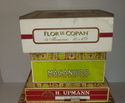 Lot of 3 Vintage Empty Cigar Boxes Macanudo, Flor De Copan, and Upmann