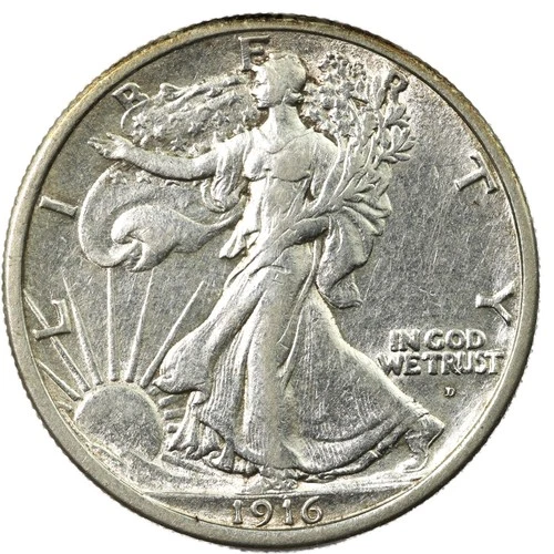 1916-D Denver Walking Liberty Silver Half Dollar 50C AU Details Almost Unc.