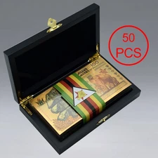 50PCS Gold Foil Banknotes Zimbabwe 100 Yottalillion Dollars Notes in Wooden Box