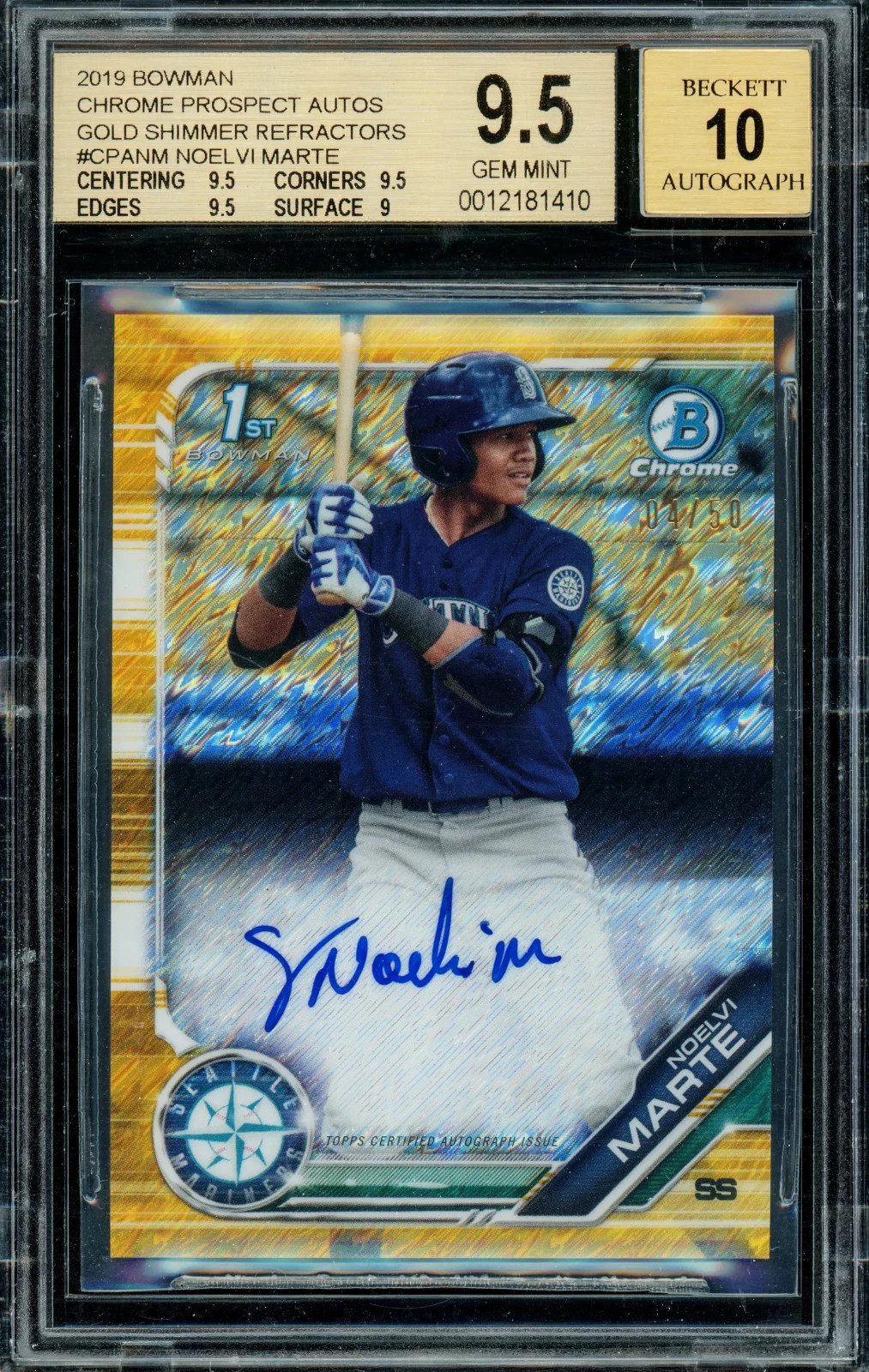 JRSY #'d 04/50 - 2019 Bowman Chrome NOELVI MARTE Gold Shimmer Auto - BGS 9.5