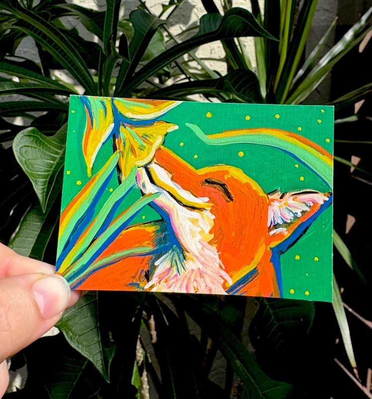 ACEO Original Painting #2 Fox & Flower— Woodland Critters Collection · Signed 