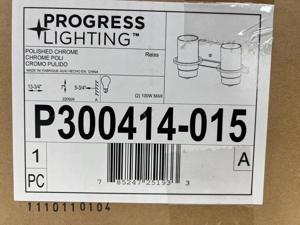 Progress Lighting Reiss 13,75 pol. Luminária de vaidade cromada polida 2 luzes nova - Imagem 2 de 2