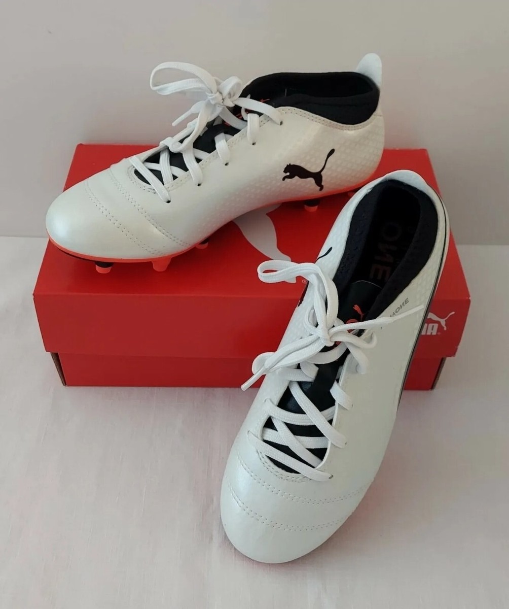 New PUMA ONE FG Jr Soccer Cleats White Black Coral Size 4C
